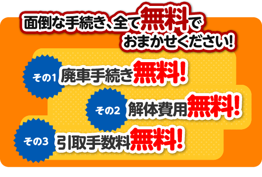 廃車手続き無料！解体費用無料！引取手数料無料！